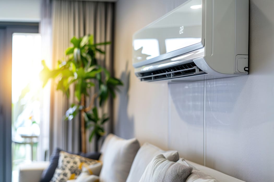 Stylish living room with a wall-mounted air conditioner, comfort Airco kopen